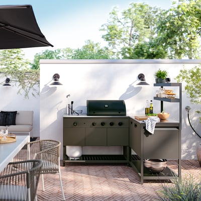 BÅTSKÄR Outdoor kitchen w gas barbecue, dark grey, 180x180x152 cm