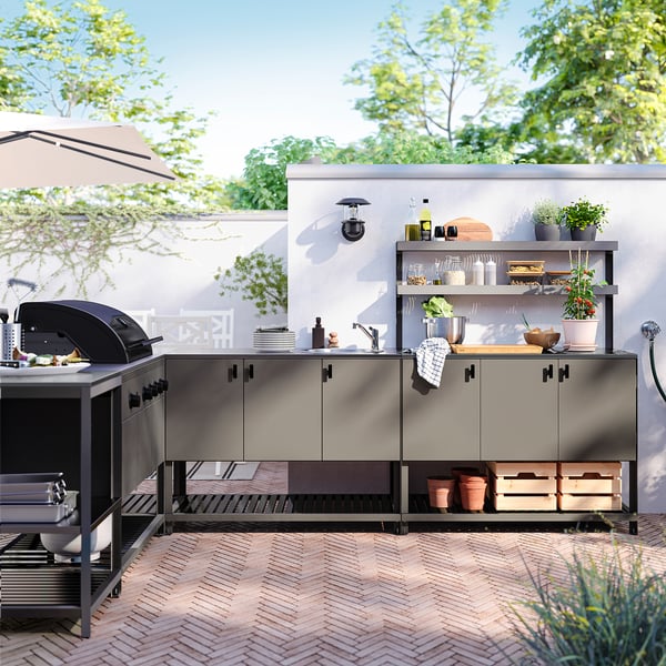 BÅTSKÄR Outdoor kitchen w gas bbq+sink unit, dark grey, 240x300 cm
