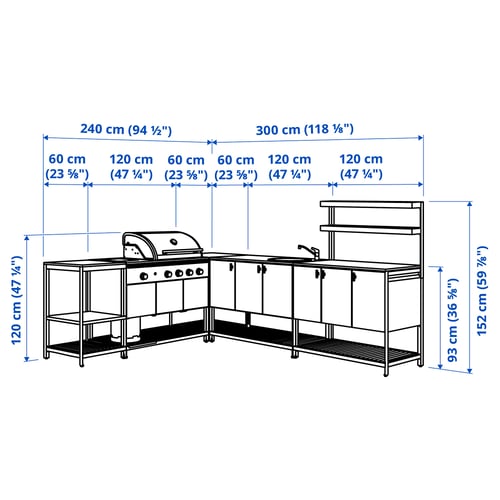 BÅTSKÄR Outdoor kitchen w gas bbq+sink unit, dark grey, 240x300 cm