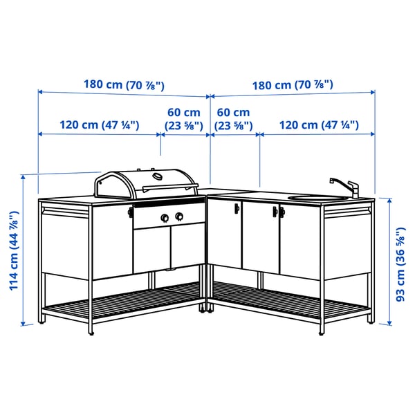 BÅTSKÄR Outdoor ktchn w chrcl bbq+sink unit, dark grey, 180x180 cm
