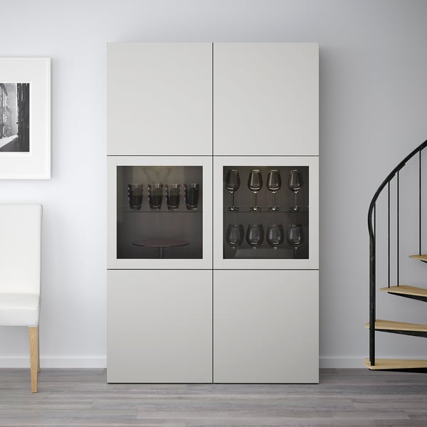 BESTÅ Storage combination w glass doors, black-brown/Lappviken light grey clear glass, 120x42x193 cm