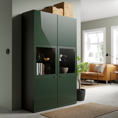 BESTÅ Storage combination w glass doors, black-brown Selsviken/high-gloss dark olive-green, 120x42x193 cm