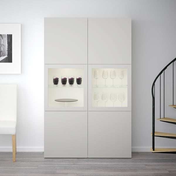 BESTÅ Storage combination w glass doors, white/Lappviken light grey clear glass, 120x42x193 cm