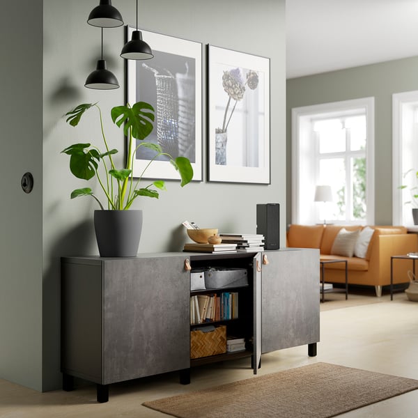 BESTÅ Storage combination with doors, black-brown Kallviken/Stubbarp/dark grey concrete effect, 180x42x74 cm