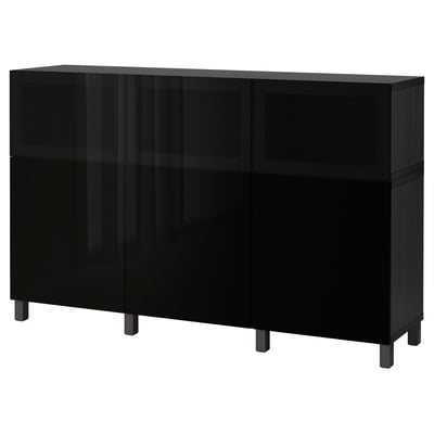 BESTÅ Storage combination with doors, black-brown Selsviken/Glassvik high-gloss/black smoked glass, 180x42x112 cm