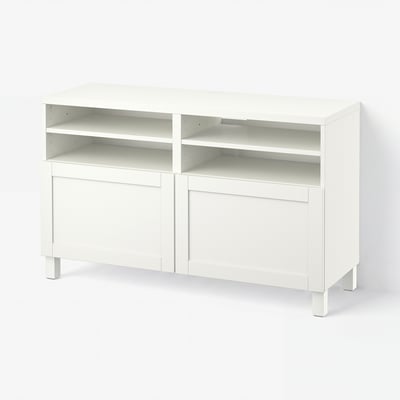 BESTÅ TV bench with doors, white/Hanviken/Stubbarp white, 120x42x74 cm