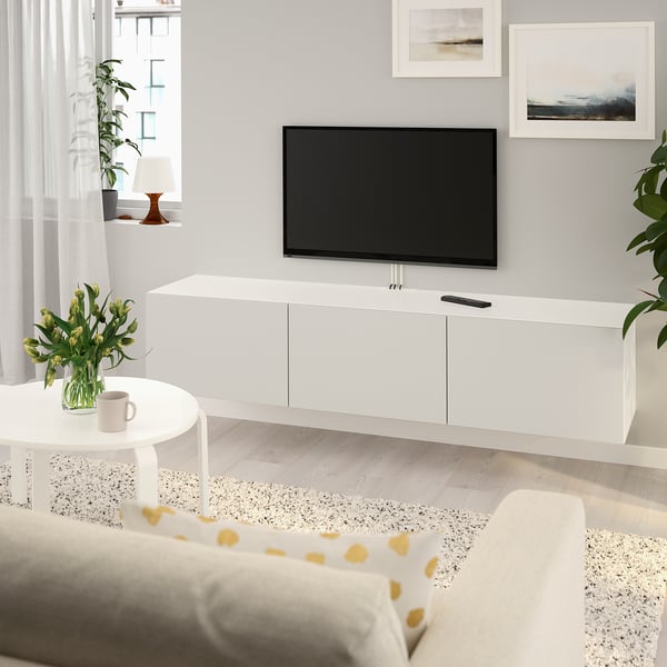 BESTÅ TV bench with doors, white/Lappviken light grey, 180x42x38 cm