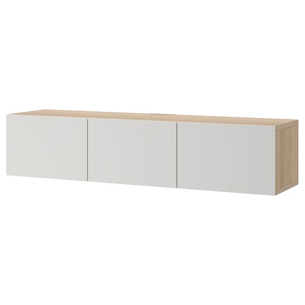 BESTÅ TV bench with doors, white stained oak effect/Lappviken light grey, 180x42x38 cm