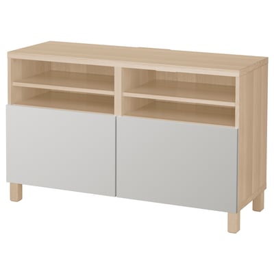 BESTÅ TV bench with doors, white stained oak effect/Lappviken/Stubbarp light grey, 120x42x74 cm