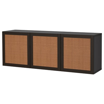 A black ikea BESTÅ storage unit with three wicker-textured doors.