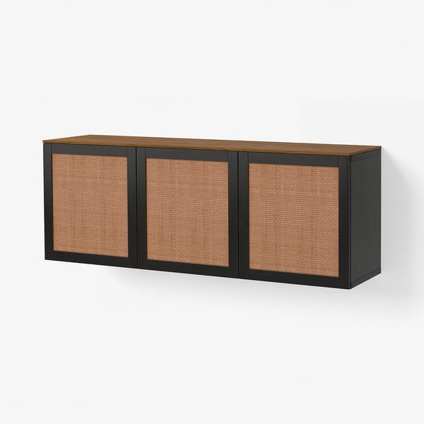 BESTÅ Wall-mounted cabinet combination, black-brown Studsviken/dark brown woven poplar, 180x42x66 cm