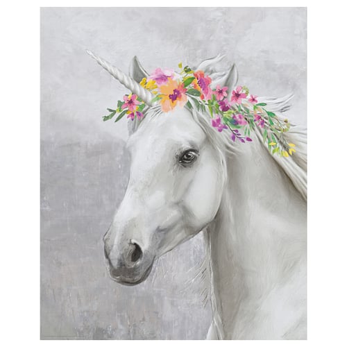 BILD poster: white unicorn with colourful flowers, textured paper.
