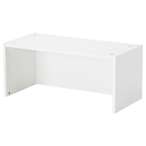 White BILLY bookshelf, particleboard & polypropylene, rectangular, flat top & back, extends wall space.