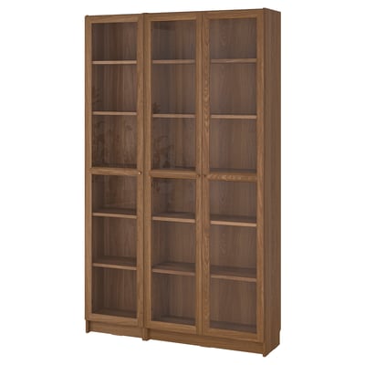 BILLY bookshelf: tall, wooden brown, multiple shelves, glass doors, rectangular design.