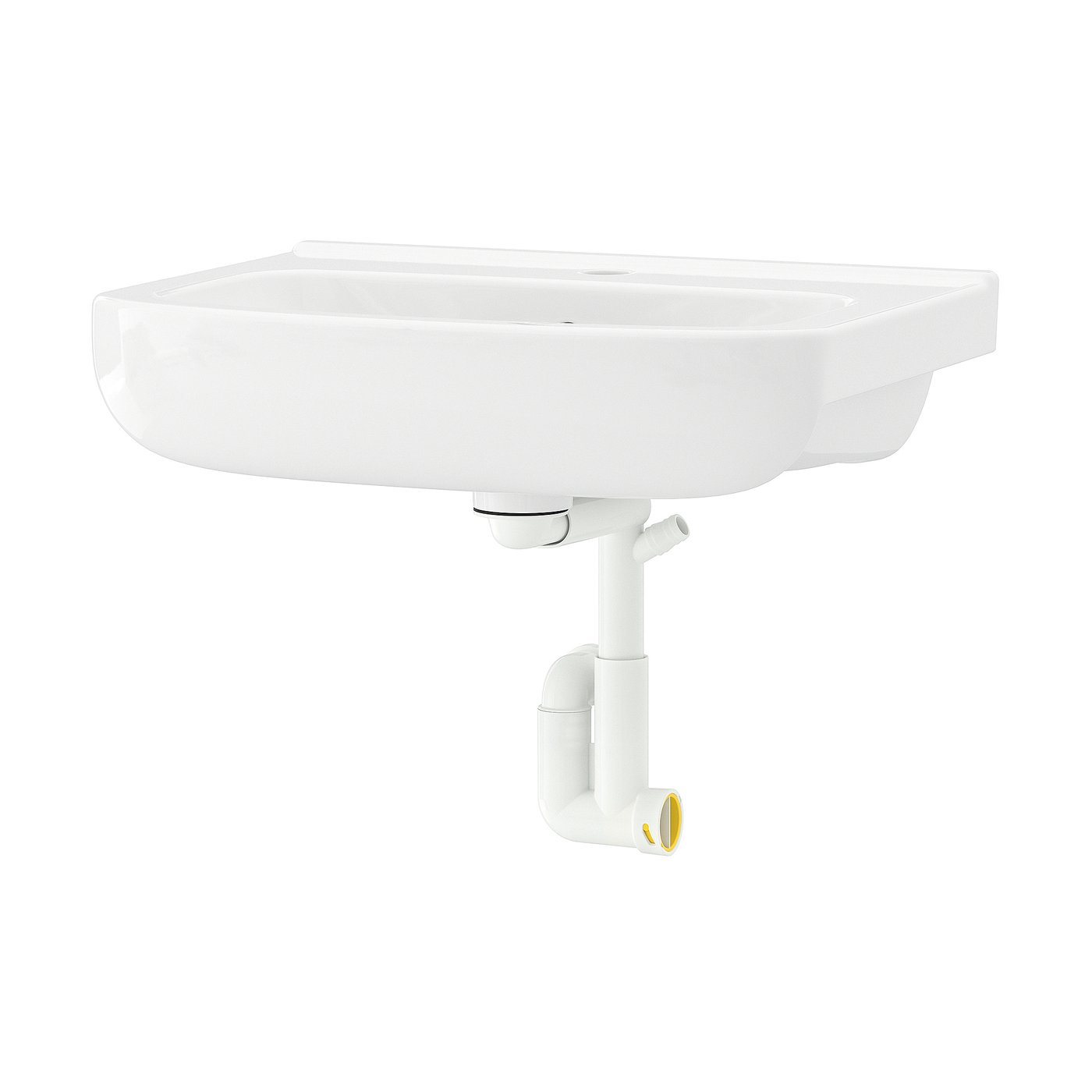 BJÖRKÅN white ceramic wall-mounted sink; sleek, rectangular design; includes trap assembly.