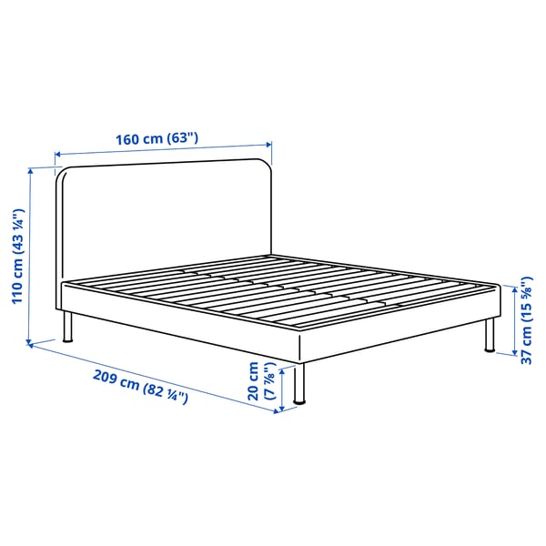 BLÅFJÄLLET Frame set for divan bed, incl headboard, legs and cover Kabusa/dark grey, 160x200 cm