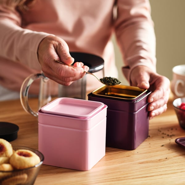 BLOMNING Tin with lid, brown-red/pink for coffee/tea, 10x10x10 cm