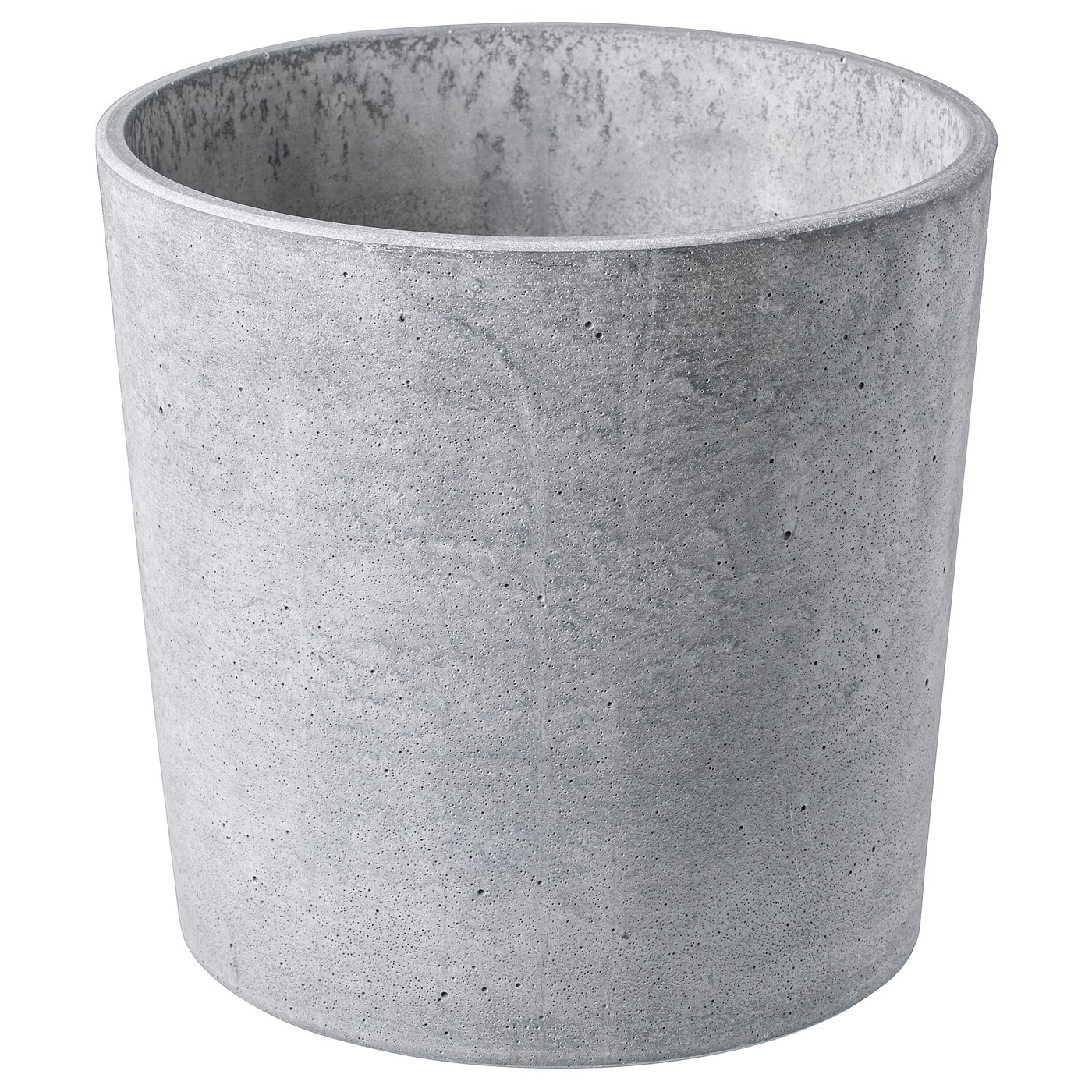Cylindrical grey concrete planter with natural speckles, soft feet, for indoor/outdoor use.