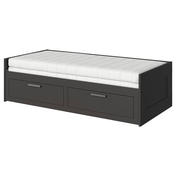 BRIMNES Day-bed w 2 drawers/2 mattresses, black/Åfjäll medium firm, 80x200 cm