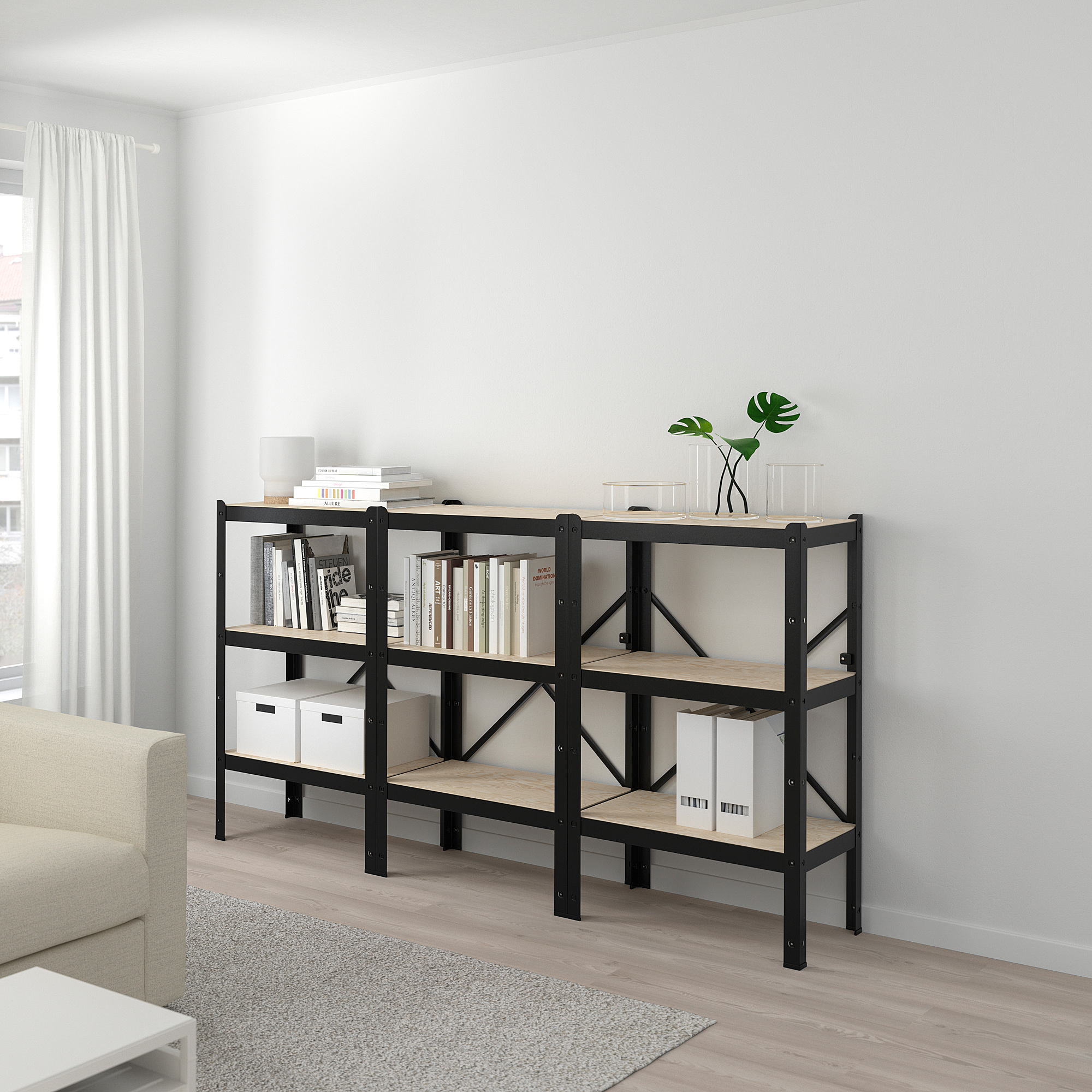 BROR Shelving unit, black/wood, 194x40x110 cm