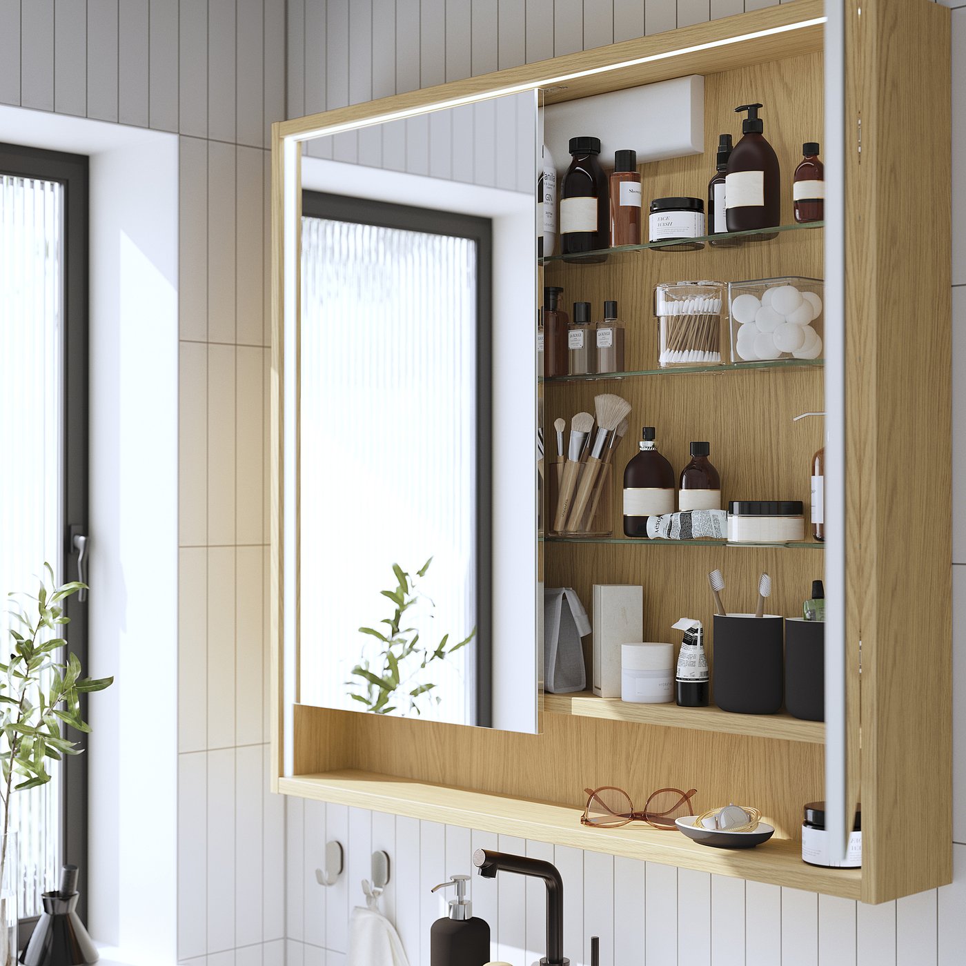 FAXÄLVEN mirror cabinet w built-in lighting, oak effect, 100x15x95