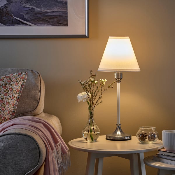 FLYGHÖJD Table lamp, nickel-plated/white, 54 cm