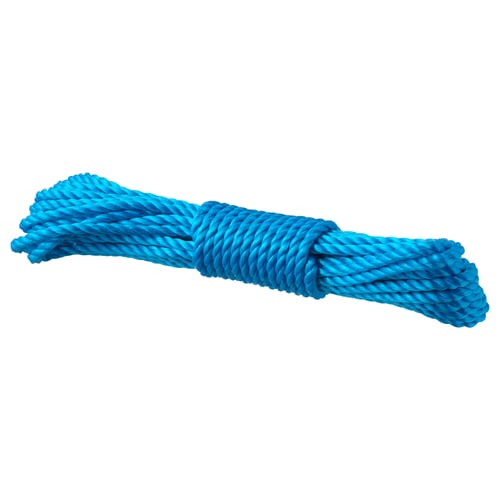 Bright blue twisted rope, coiled neatly, suitable for securing loads, made of polypropylene.
