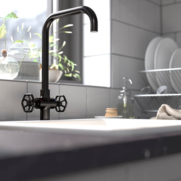 GAMLESJÖN Dual-control kitchen mixer tap, brushed black metal