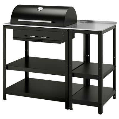 GRILLSKÄR Charcoal barbecue w kitchen island, stainless steel/outdoor, 125x61 cm