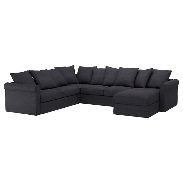 Grey GRÖNLID sectional sofa with 8 cushions, corner seat, chaise, modern & comfy, cotton, polyester, linen.