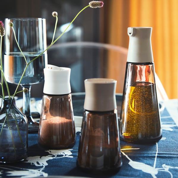 HALVTOM Salt and pepper shakers, glass/brown, 12 cm