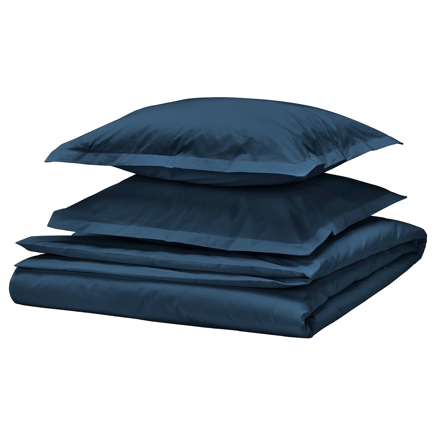Dark blue HAMPFLOCKEL duvet set with crisp cotton percale, folded for display.