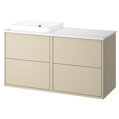 Havbaeck bathroom vanity in beige with white marble countertop and square basin.