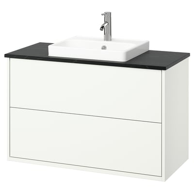 HAVBÄCK white wall-mount sink vanity, marble countertop, ceramic basin, modern design.