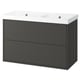 Grey HAVBÄCK bathroom vanity with double white sink, sleek design.