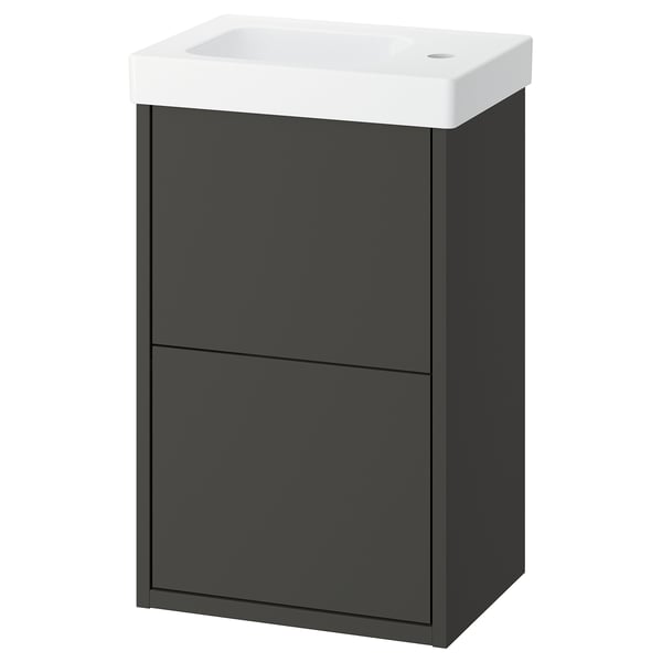 HAVBÄCK dark grey bathroom cabinet, rectangular with white sink.