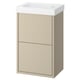 HAVBÄCK beige wall-mounted bathroom cabinet with white sink, simple design.