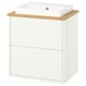 White HAVBÄCK bathroom vanity, bamboo countertop, rectangular sink, minimalist design.