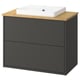 A modern grey bathroom vanity with a wooden top and a white ceramic sink. The unit has two drawers and a sleek, minimalist design.