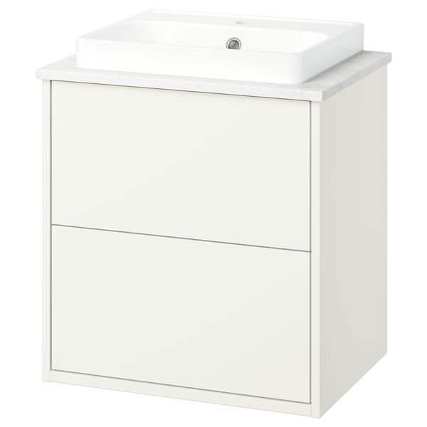 A white HAVBÄCK bathroom cabinet with a square ceramic basin on top. It has clean, modern lines and offers full drawer storage.