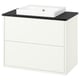 This image an IKEA HAVBÄCK white bathroom vanity with drawers and a black marble countertop. The vanity includes a white ceramic basin on top.