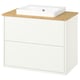 HAVBÄCK: white bathroom unit; bamboo countertop, ceramic sink, wall-mounted drawers.