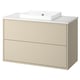 Beige bathroom vanity, marble countertop, rectangular basin, wall-mounted drawers.