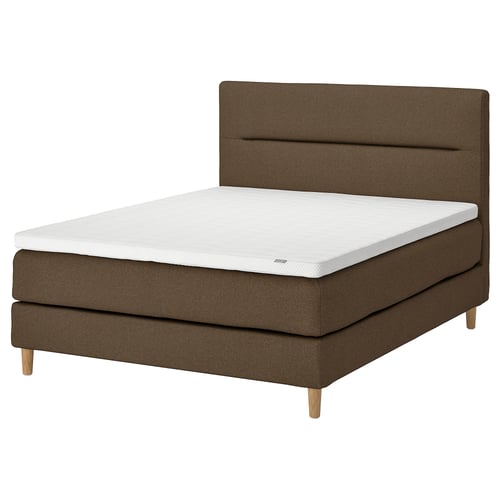 Brown divan bed with white mattress, wooden legs, modern design.
