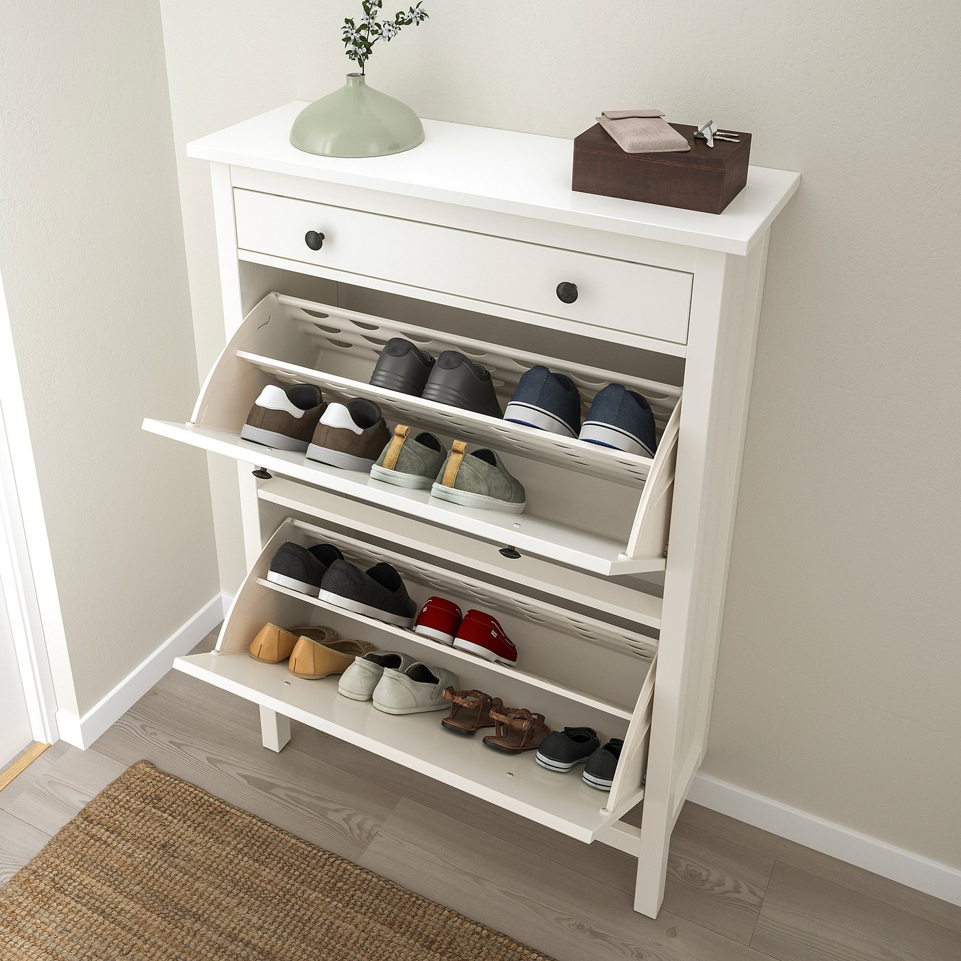HEMNES shoe cabinet with 2 compartments, white, 89x30x127 cm