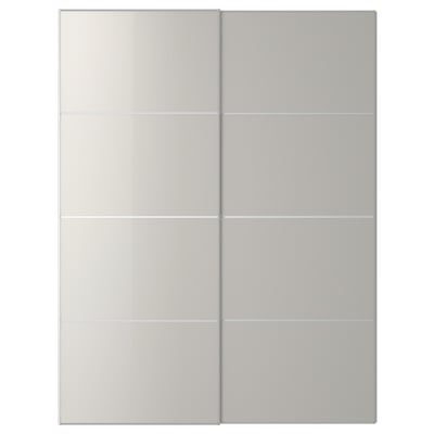 HOKKSUND Pair of sliding doors, high-gloss light grey, 150x201 cm