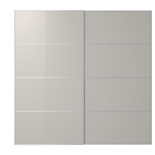 HOKKSUND wardrobe, grey glossy panels. Four-square design, sleek aluminium frame.