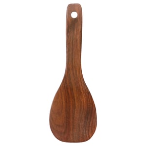 HULDHET wooden spatula, brown, teardrop-shaped, with handle hole for hanging.