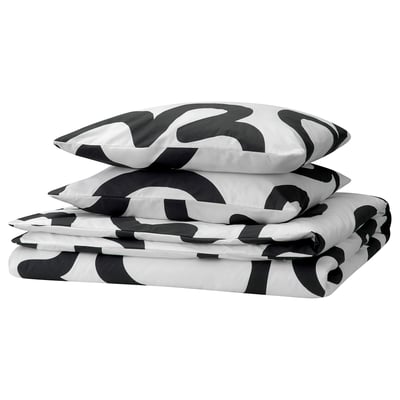 KLIPPBRÄCKA Duvet cover and 2 pillowcases, white/black, 240x220/50x60 cm