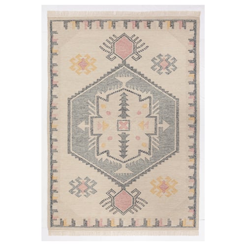 Geometric pastel rug, cotton & wool, handwoven with fringes for comfort